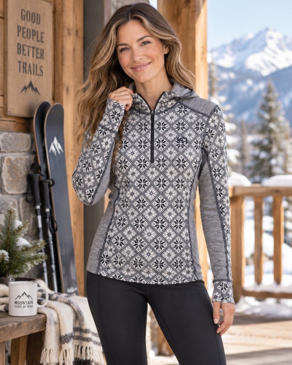 Kari Traa 100% Wool Fair Isle Hooded Quarter Zip Base Layer Top Women’s Medium